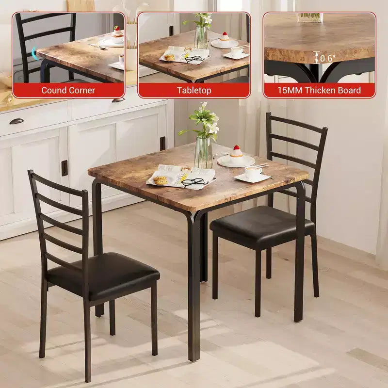 Ensemble table à manger compacte peu encombrante pour 2 personnes - Table carrée moderne avec 2 chaises - Parfait pour les petits appartements, les cuisines ou les coins repas