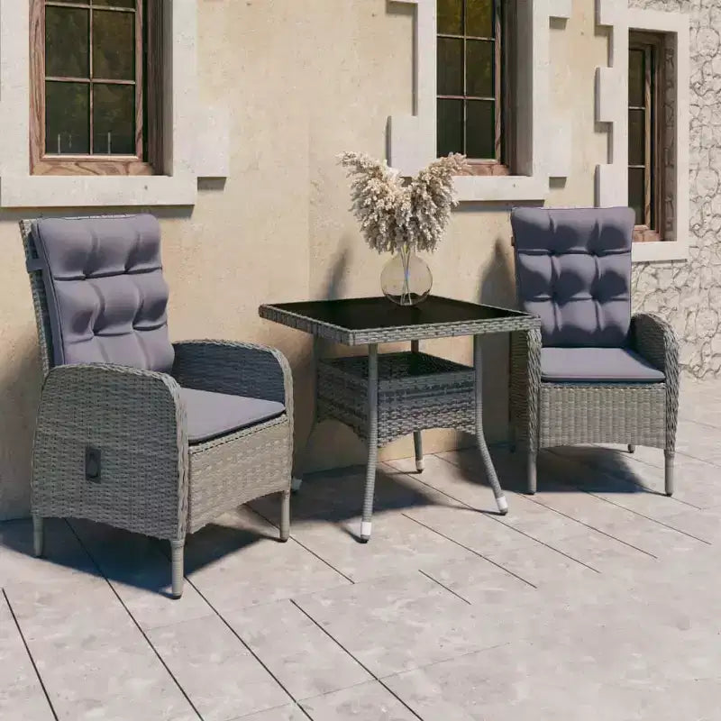 vidaXL Ensemble de jardin de repas gris en polyrotin, acier, verre, polyester 3 pièces