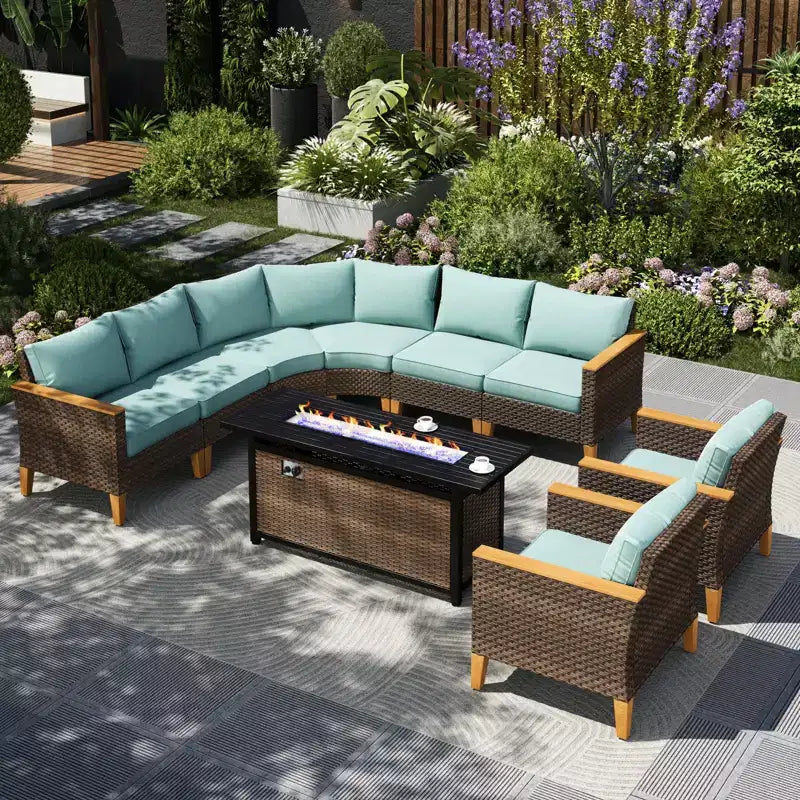 Captiva Designs Ensemble de conversation d'extérieur 9 pièces en osier/rotin, sectionnel demi-lune incurvé avec table brasero