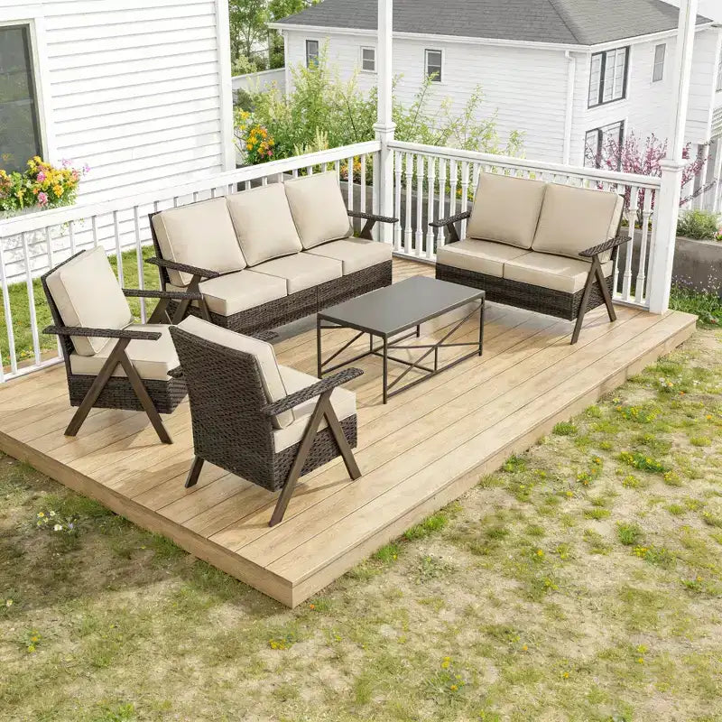 Ensemble de meubles de patio Bestier, ensemble de conversation d'extérieur avec canapé et chaises coussinés épais, table basse pour jardin, arrière-cour, porche