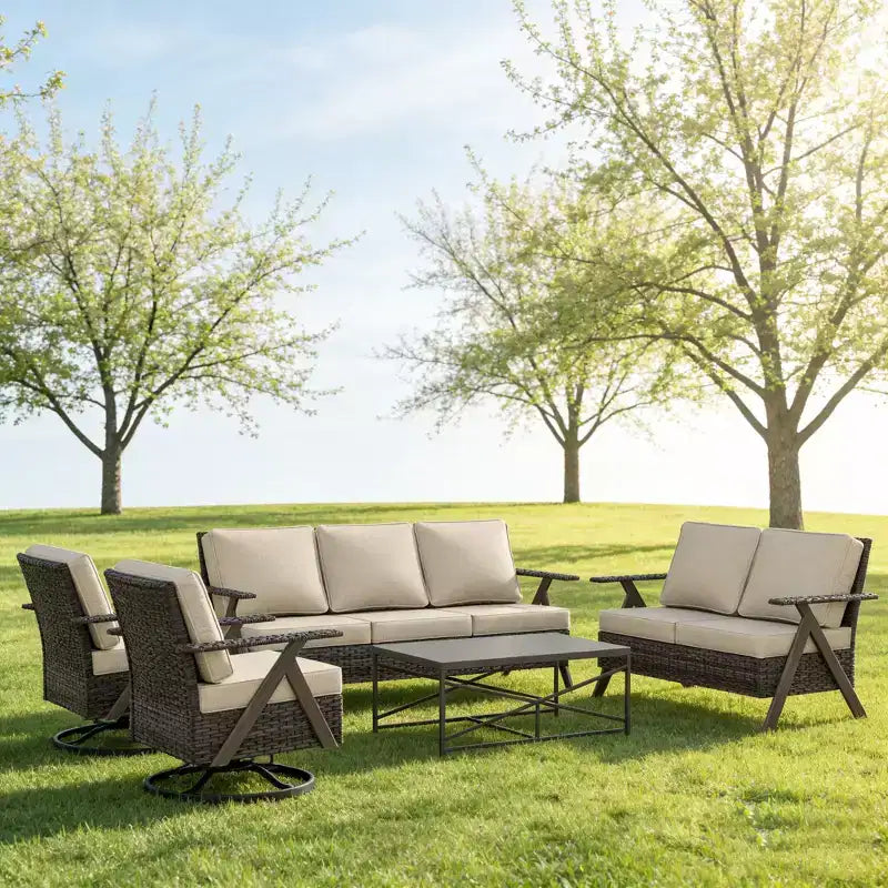 Ensemble de meubles de patio Bestier, ensemble de conversation d'extérieur avec canapé et chaises coussinés épais, table basse pour jardin, arrière-cour, porche