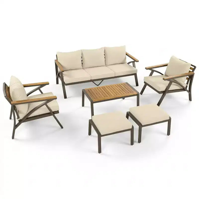 Ensemble de canapé d'angle 6 pièces Whisen pour patio, salon de jardin avec canapé 3 places, 2 fauteuils, 2 poufs, table basse