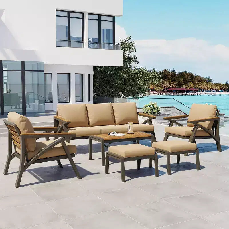 Ensemble de canapé d'angle 6 pièces Whisen pour patio, salon de jardin avec canapé 3 places, 2 fauteuils, 2 poufs, table basse