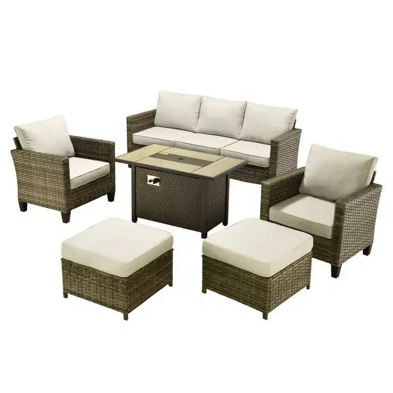 Ensemble de patio HOMLUX 6 pièces avec brasero en acier de 42 po, canapé 3 places, chaises simples et poufs