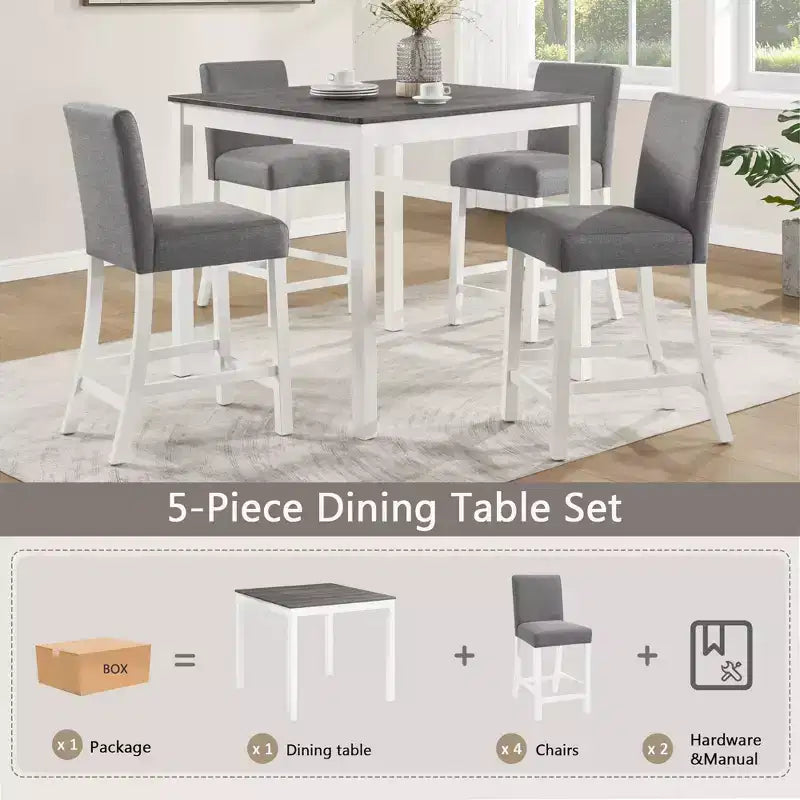 Ensemble de salle à manger moderne GDFStudio Roseanne 5 pièces en bois d'hévéa hauteur comptoir avec 4 chaises rembourrées en lin