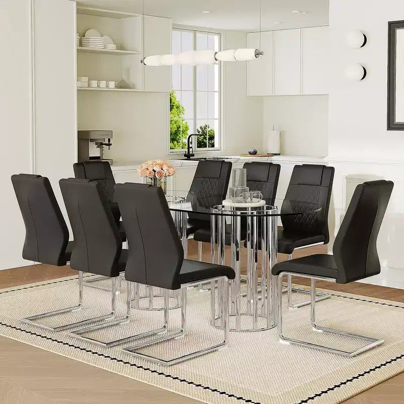 Ensemble de salle à manger GDFStudio Arvion 8 personnes en verre et métal avec chaises rembourrées en similicuir