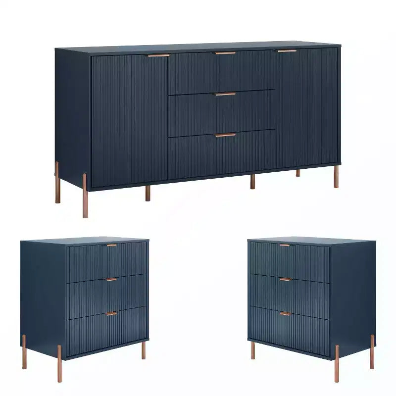 Festivo 3pc Modern Elegance 3 Drawer Nightstands and 3 Drawer Dresser Set Navy