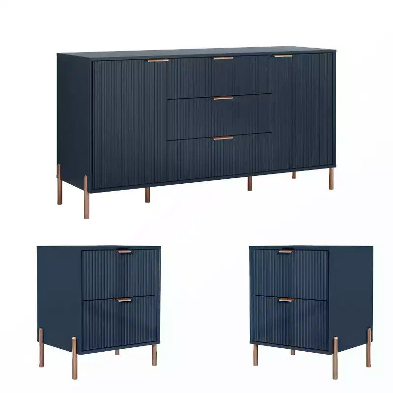 Festivo 3pc Modern Elegance 2 Drawer Nightstands and 3 Drawer Dresser Set Navy