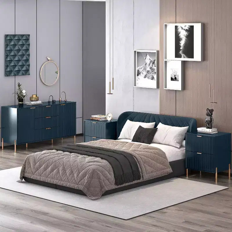 Festivo Ensemble 3 pièces élégance moderne : 2 tables de nuit à 2 tiroirs et commode à 3 tiroirs bleu marine