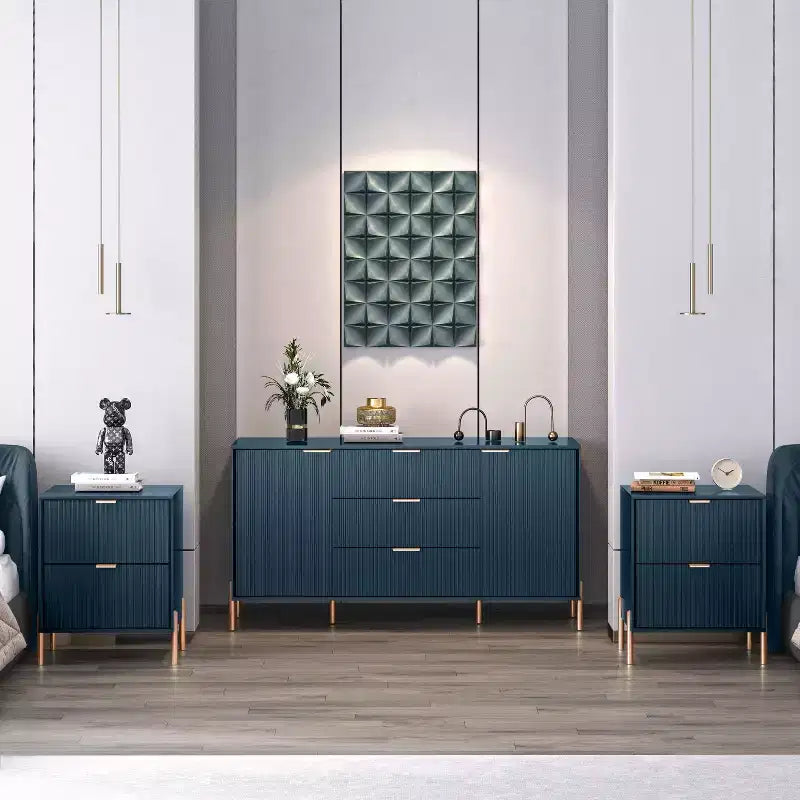 Festivo Ensemble 3 pièces élégance moderne : 2 tables de nuit à 2 tiroirs et commode à 3 tiroirs bleu marine