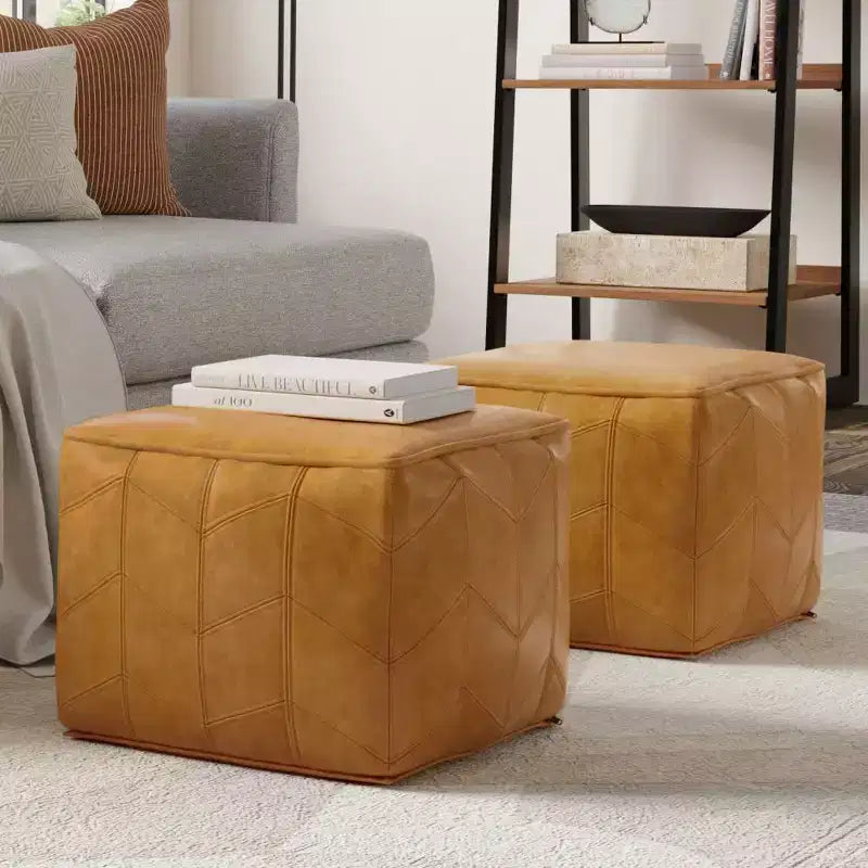 WyndenHall Gerty Square Pouf Brown: Chevron Genuine Leather, No Assembly, Padded Seating