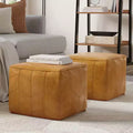WyndenHall Gerty Square Pouf Brown: Chevron Genuine Leather, No Assembly, Padded Seating