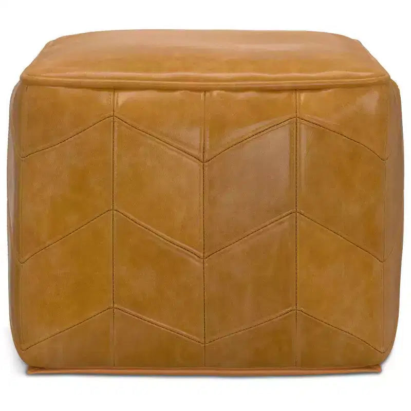 Pouf carré marron : cuir véritable chevrons, aucun assemblage requis, assise rembourrée