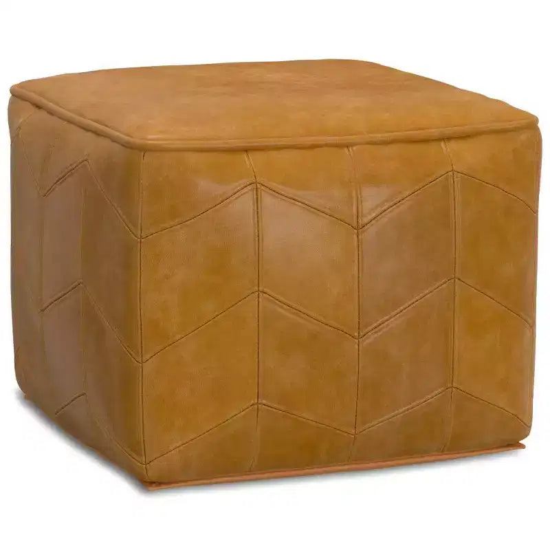 Pouf carré marron : cuir véritable chevrons, aucun assemblage requis, assise rembourrée