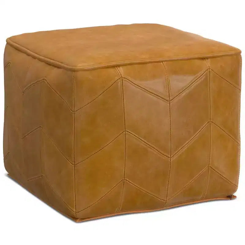 Pouf carré marron : cuir véritable chevrons, aucun assemblage requis, assise rembourrée