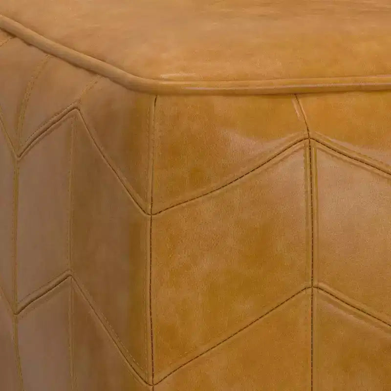 Pouf carré marron : cuir véritable chevrons, aucun assemblage requis, assise rembourrée