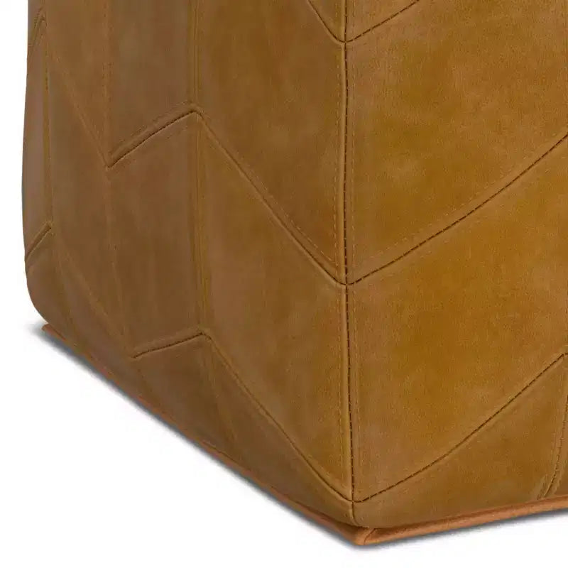 Pouf carré marron : cuir véritable chevrons, aucun assemblage requis, assise rembourrée