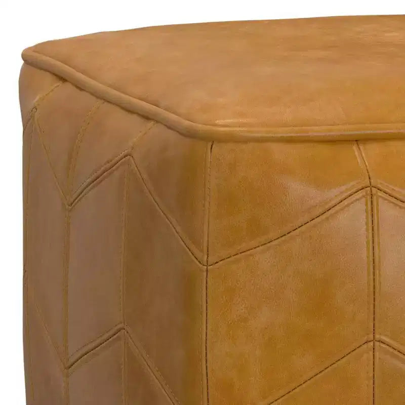 Pouf carré marron : cuir véritable chevrons, aucun assemblage requis, assise rembourrée
