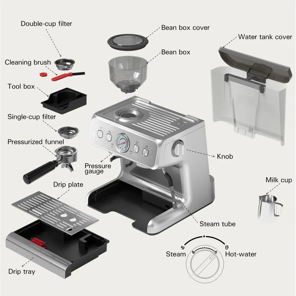 Machine à café semi-automatique avec contrôle intelligent de la température et fonction eau chaude, 30 réglages de mouture