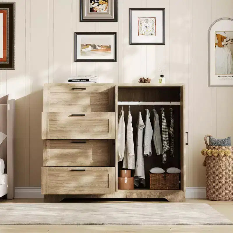 Armoire de chambre en bois de 110 cm (43,3 po) avec 4 tiroirs et tringle à vêtements, commode de rangement multifonctionnelle pour vêtements