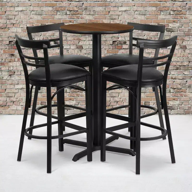 Ensemble table ronde stratifiée 24 pouces Flash Furniture avec piètement en X et 4 tabourets de bar en métal à dossier échelle à deux lattes