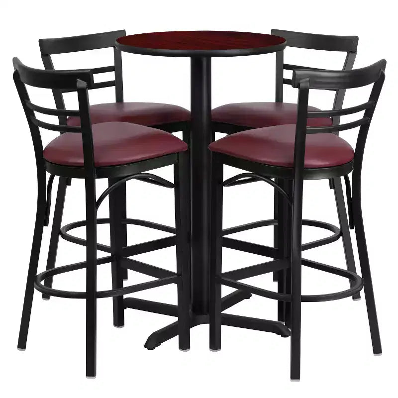 Ensemble table ronde stratifiée 24 pouces Flash Furniture avec piètement en X et 4 tabourets de bar en métal à dossier échelle à deux lattes