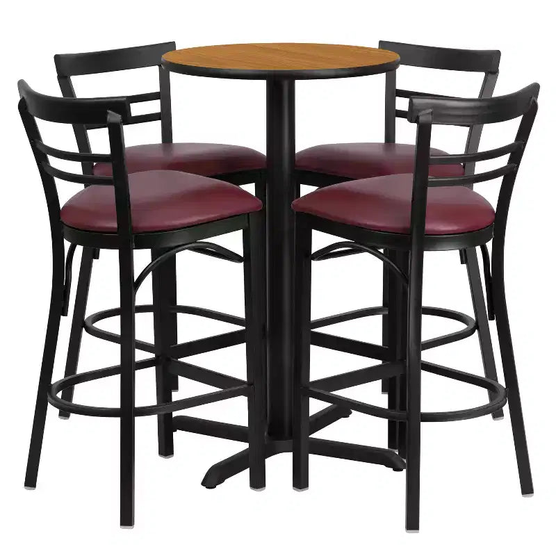 Ensemble table ronde stratifiée 24 pouces Flash Furniture avec piètement en X et 4 tabourets de bar en métal à dossier échelle à deux lattes
