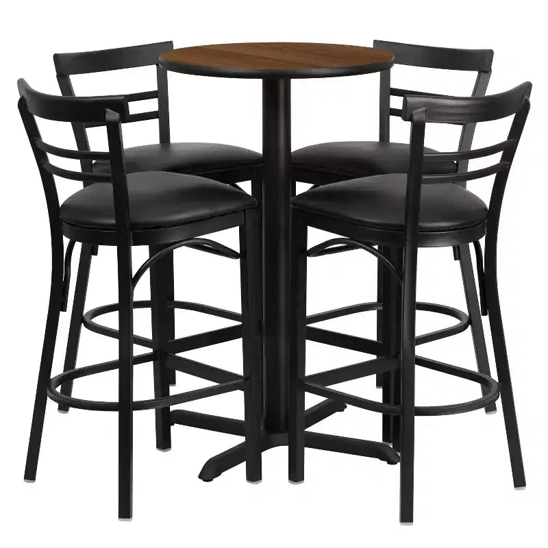 Ensemble table ronde stratifiée 24 pouces Flash Furniture avec piètement en X et 4 tabourets de bar en métal à dossier échelle à deux lattes