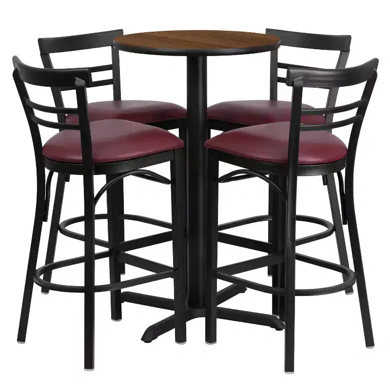 Ensemble table ronde stratifiée 24 pouces Flash Furniture avec piètement en X et 4 tabourets de bar en métal à dossier échelle à deux lattes