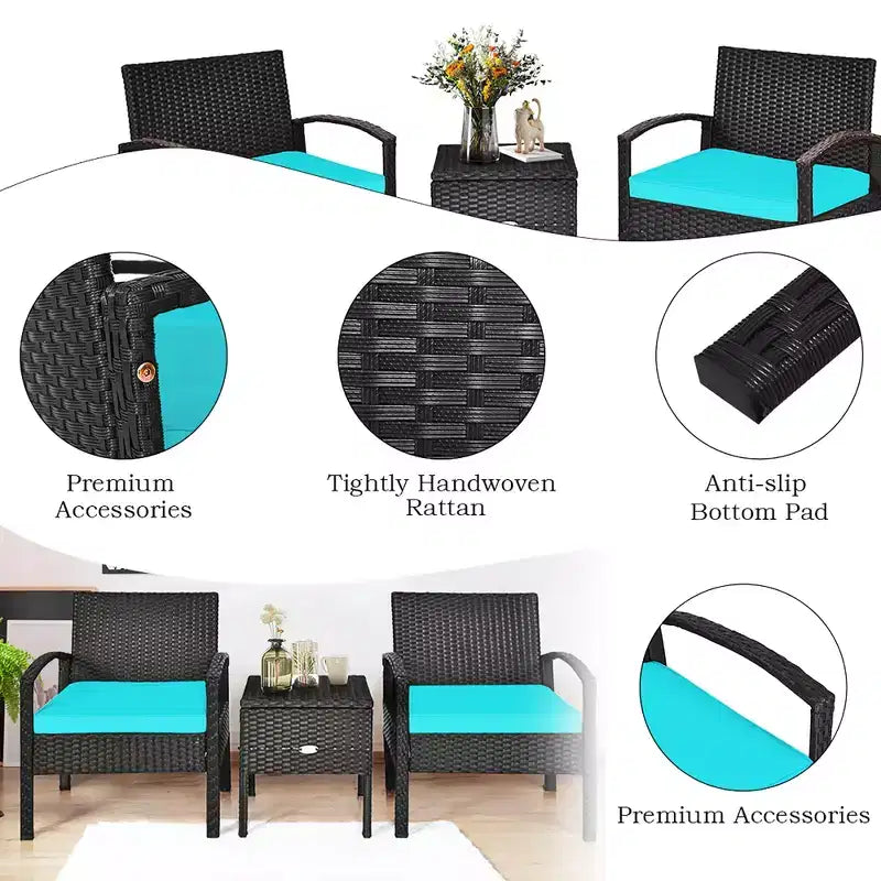 Costway Ensemble de Meubles de Jardin en Rotin 3 Pièces Table de Rangement Canapé Rembourré Terrasse Rouge/Turquoise/Blanc