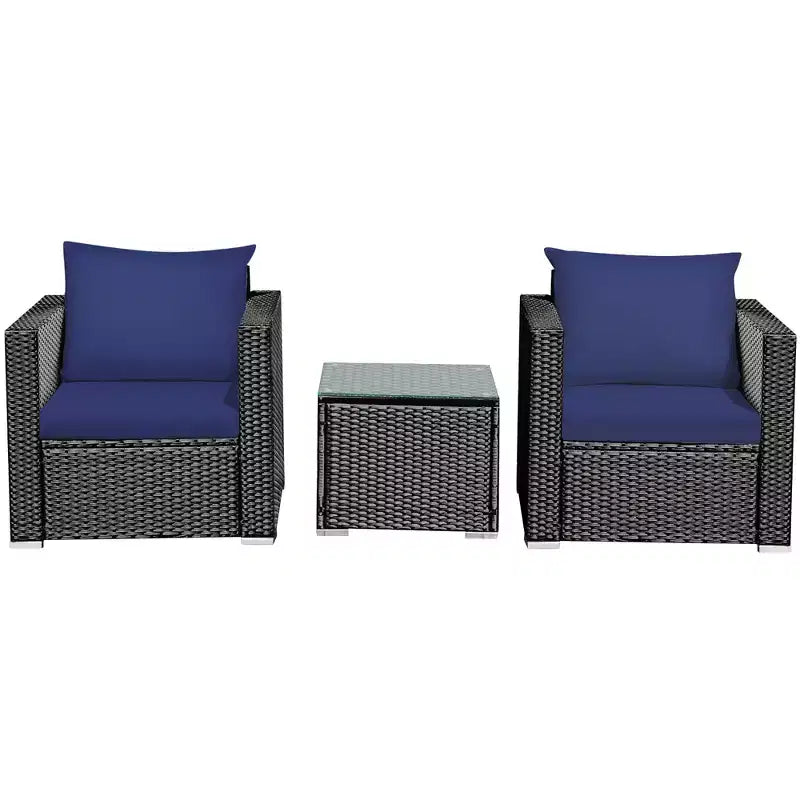 Costway Ensemble de Meubles de Jardin en Rotin 3 pièces Table Basse avec Coussins Rouge\Turquoise\Bleu Marine\Noir