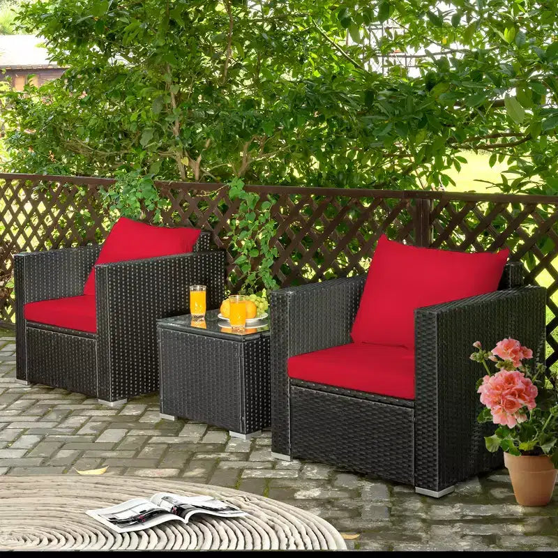 Costway Ensemble de Meubles de Jardin en Rotin 3 pièces Table Basse avec Coussins Rouge\Turquoise\Bleu Marine\Noir