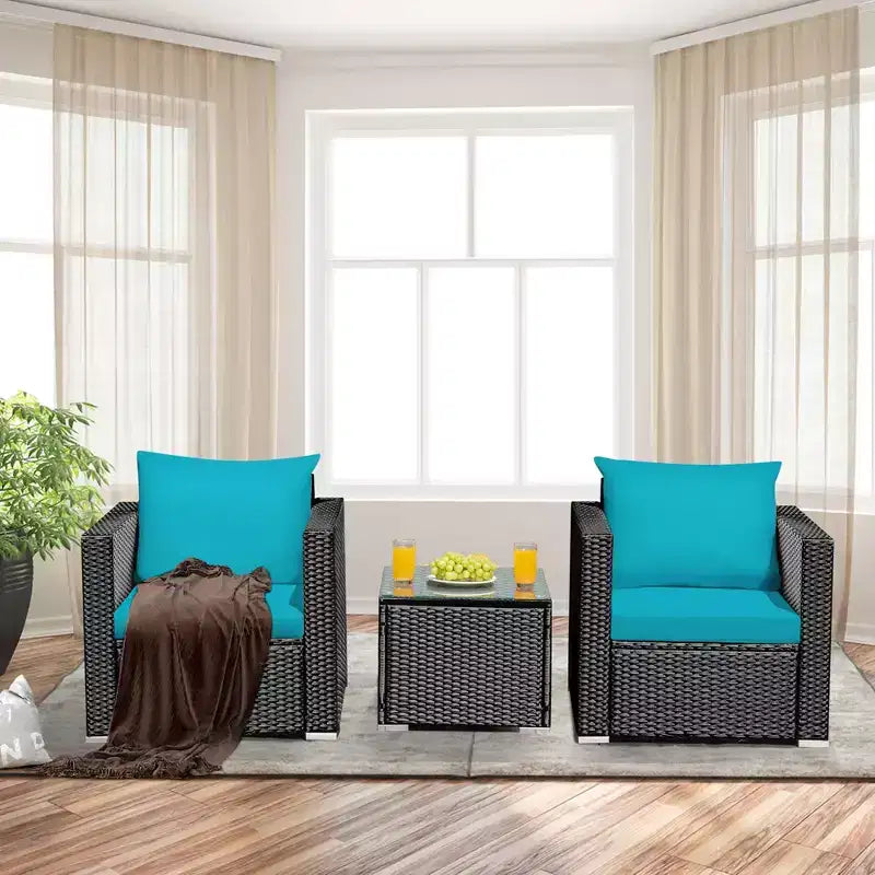 Costway Ensemble de Meubles de Jardin en Rotin 3 pièces Table Basse avec Coussins Rouge\Turquoise\Bleu Marine\Noir