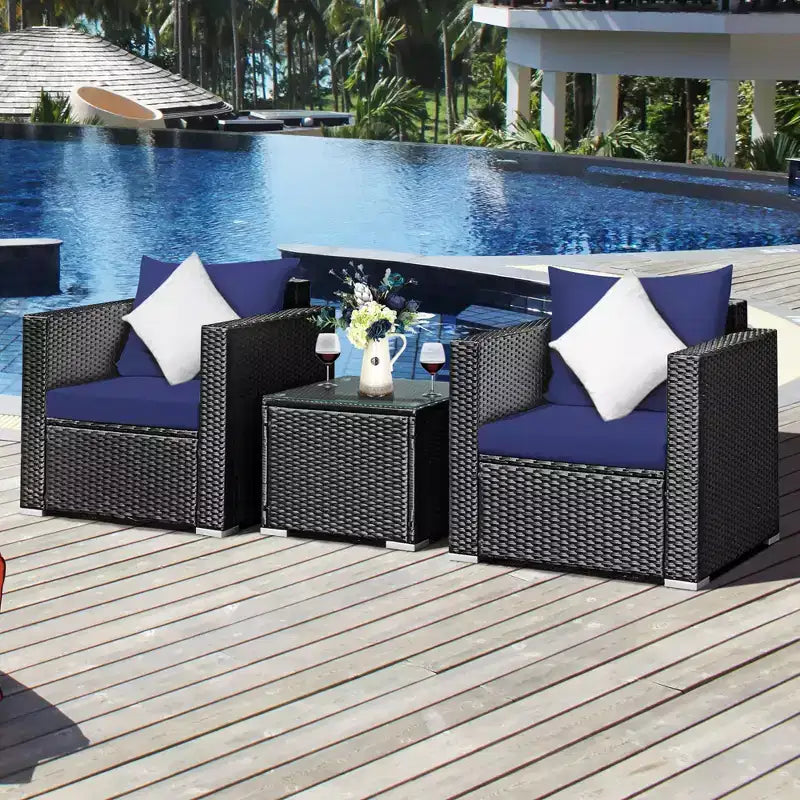 Costway Ensemble de Meubles de Jardin en Rotin 3 pièces Table Basse avec Coussins Rouge\Turquoise\Bleu Marine\Noir