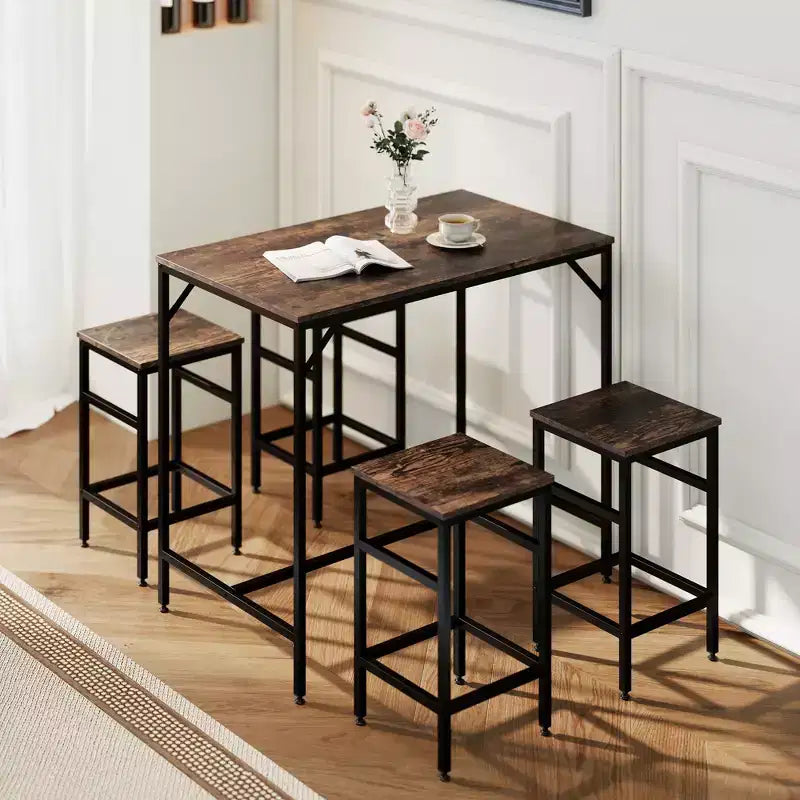 HOMCOM Ensemble Table de Bar Industrielle 5 Pièces avec 4 Tabourets, Compact pour Bar et Cuisine, Noir/Marron