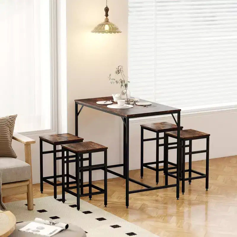 HOMCOM Ensemble Table de Bar Industrielle 5 Pièces avec 4 Tabourets, Compact pour Bar et Cuisine, Noir/Marron