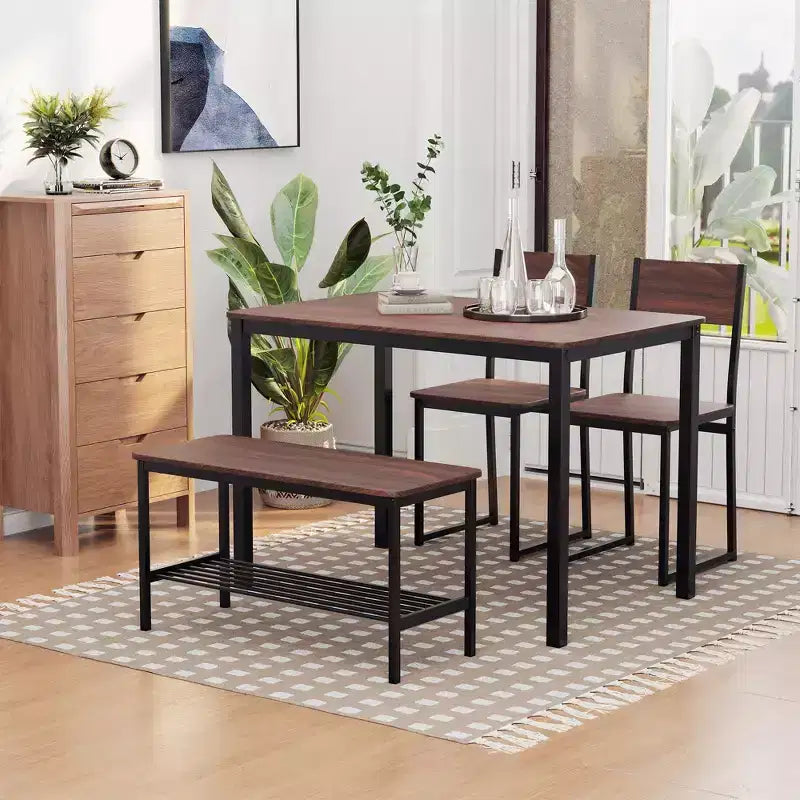 HOMCOM Ensemble de salle à manger industriel 4 pièces avec banc, table de cuisine en bois et chaises avec étagère de rangement pour cuisine, coin repas, noir/marron