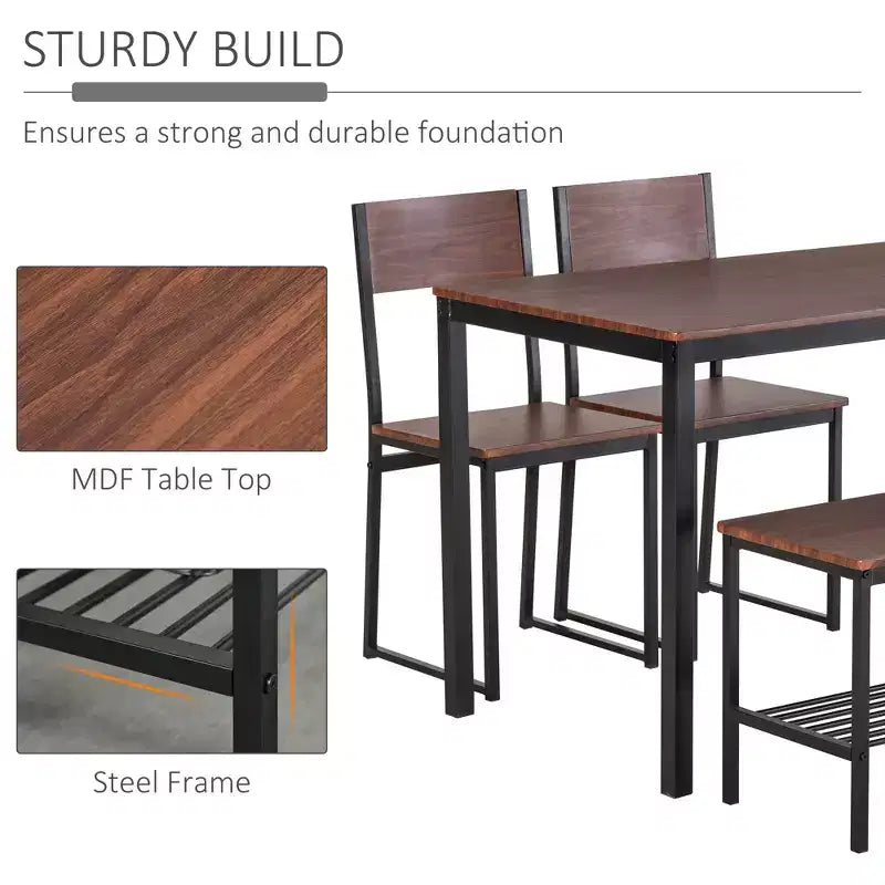 HOMCOM Ensemble de salle à manger industriel 4 pièces avec banc, table de cuisine en bois et chaises avec étagère de rangement pour cuisine, coin repas, noir/marron