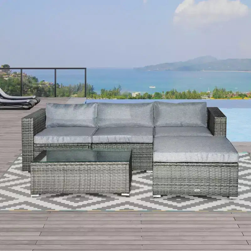 Outsunny Ensemble de mobilier de jardin 5 pièces, Canapé de terrasse, Canapé en rotin PE, Coussins, Oreillers, Ottoman, Table basse