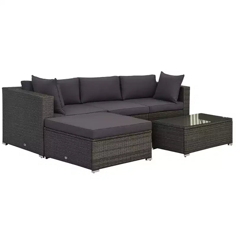 Outsunny Ensemble de mobilier de jardin 5 pièces, Canapé de terrasse, Canapé en rotin PE, Coussins, Oreillers, Ottoman, Table basse