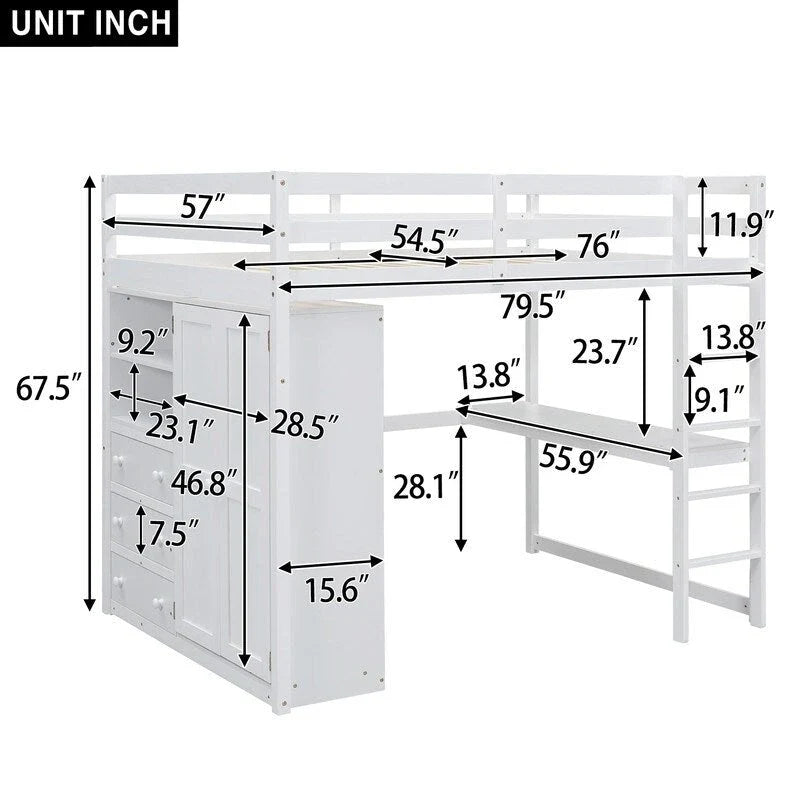 Lit mezzanine en bois pleine grandeur avec armoire intégrée, bureau, étagères de rangement et tiroirs