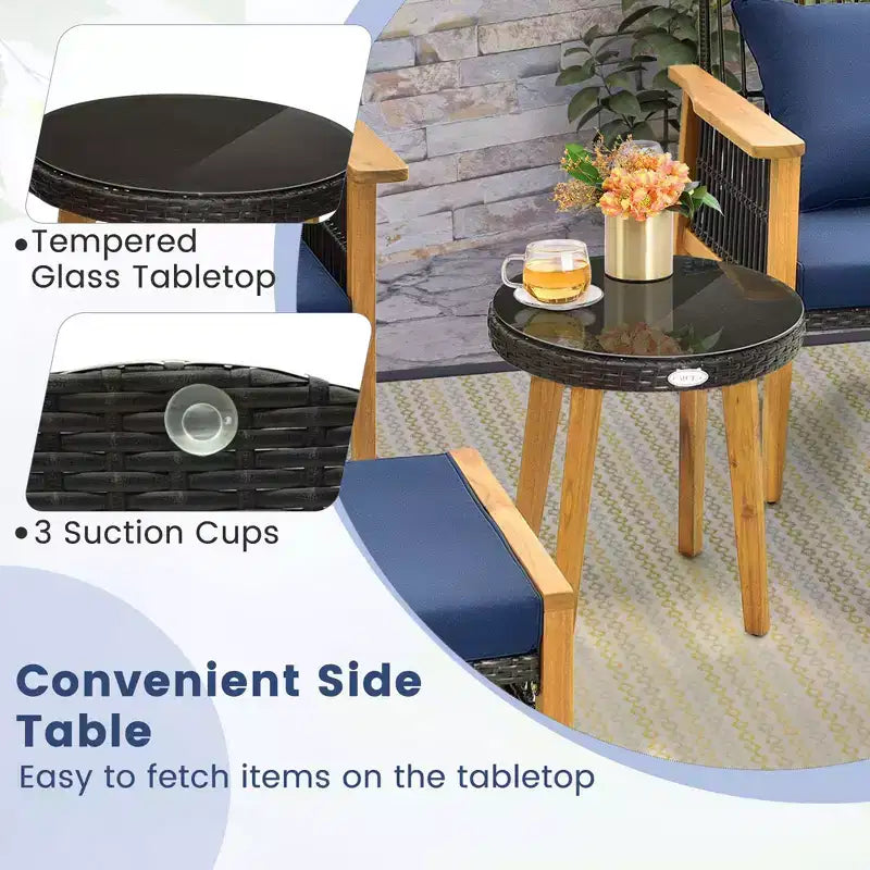 Ensemble de 5 pièces de mobilier de patio en bois d'acacia et osier tressé Costway avec table basse et 2 poufs Bleu marine/Beige