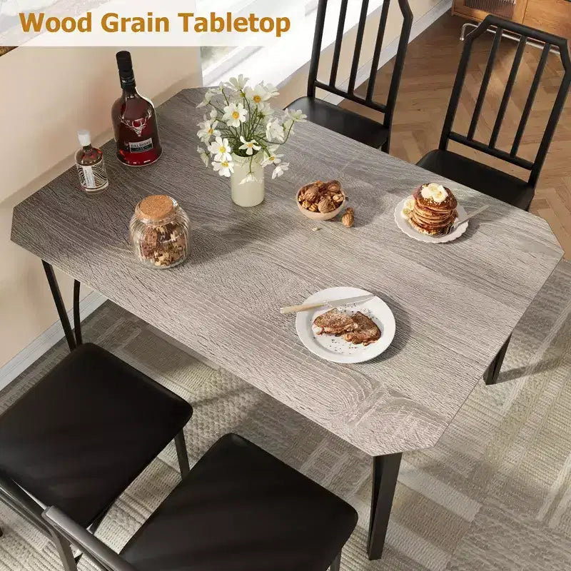 Ensemble table et chaises de salle à manger pour 4 personnes, table de cuisine et chaises pour 4 avec design chanfreiné, ensemble de salle à manger 5 pièces avec sièges coussinés