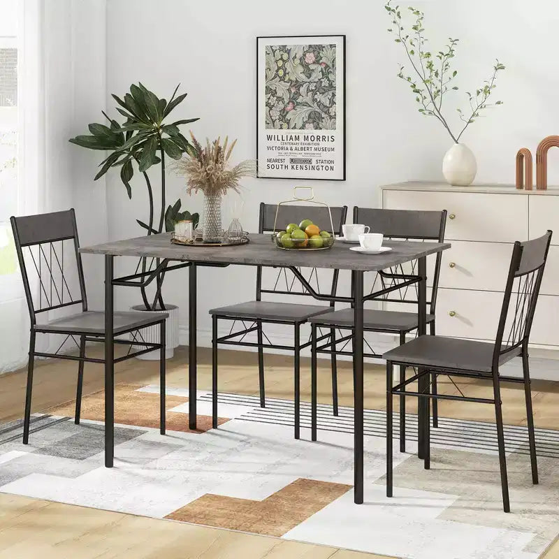 Costway Ensemble de 5 pièces de table de salle à manger pour 4 personnes, table de cuisine rectangulaire et 4 chaises avec cadre en métal gris ciment/noir