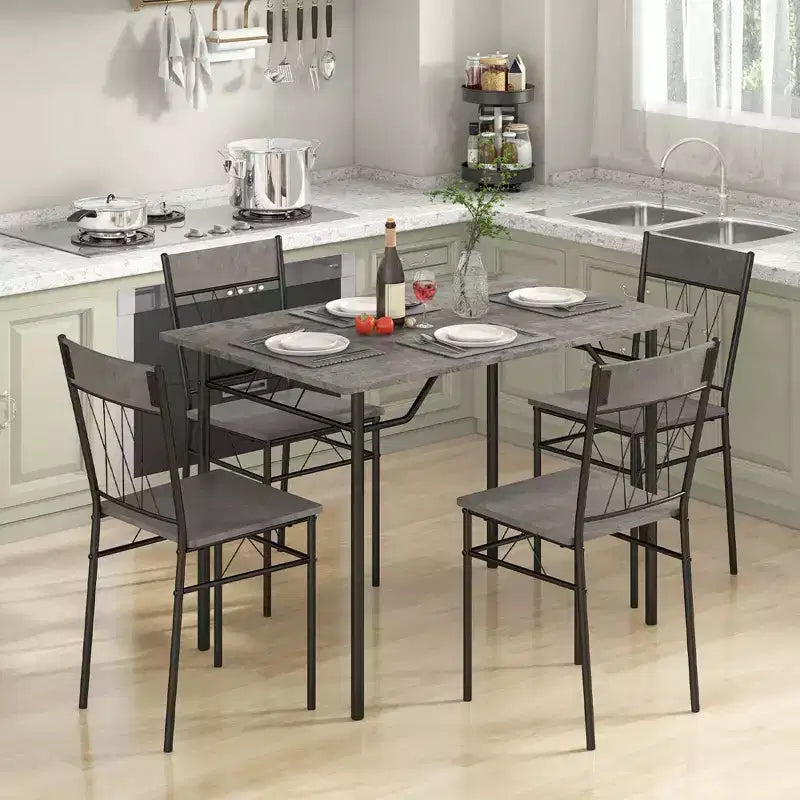 Costway Ensemble de 5 pièces de table de salle à manger pour 4 personnes, table de cuisine rectangulaire et 4 chaises avec cadre en métal gris ciment/noir