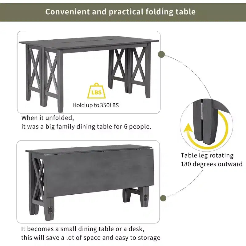 Ensemble de salle à manger pliable Whisen 6 pièces avec 4 chaises et un banc