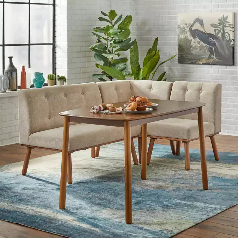 Buylateral Ensemble de salle à manger 4 pièces Playmate Mid-Century Modern Upholstered Breakfast Nook Noyer Meubles rembourrés polyvalents, Hévéa
