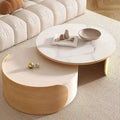 Table basse ronde moderne, plateau en pierre, bois naturel - 50 x 31,5