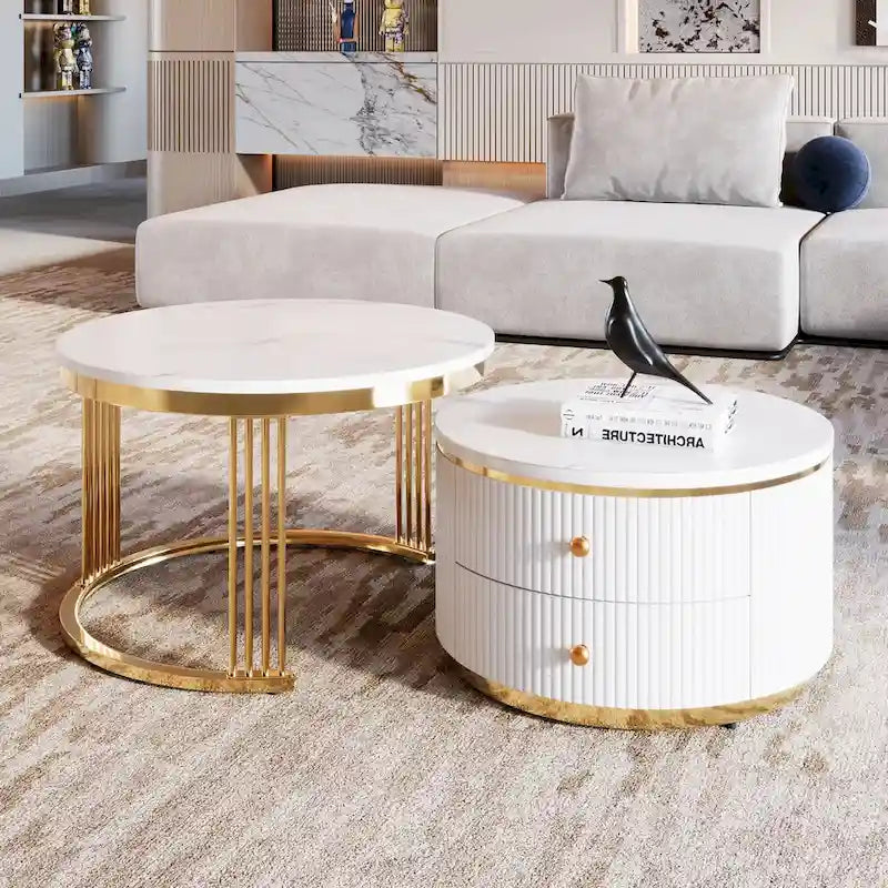 2 tables basses gigognes rondes blanches avec tiroirs