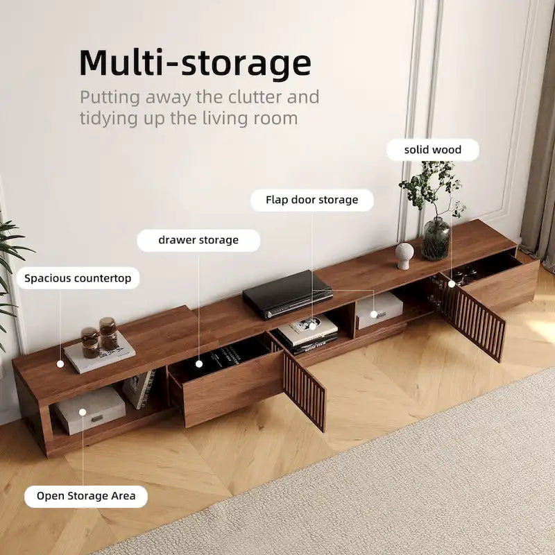 Meuble TV rétractable et extensible moderne avec 4 tiroirs, jusqu'à 261,62 cm - 78,54P x 15,74L x 13,78H